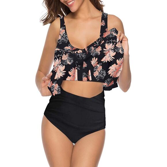 Souqfone floral print black 2 piece swim set ruffles size L NWT - Picture 3 of 5
